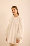 Ekru Fırfır ve Volan Detaylı Cotton Brode Tunik - 3