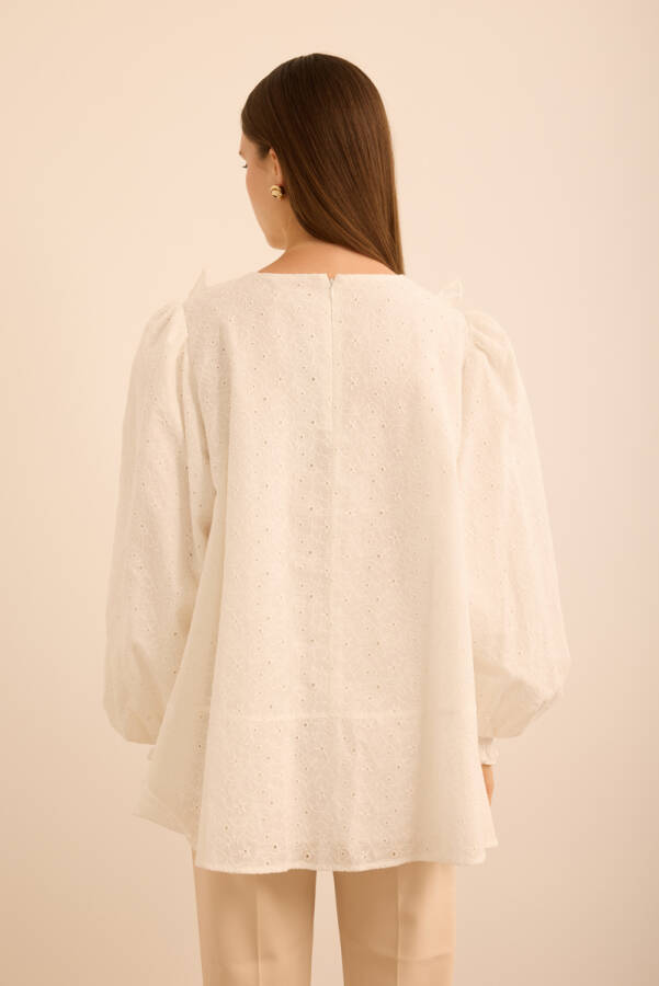 Ekru Fırfır ve Volan Detaylı Cotton Brode Tunik - 5