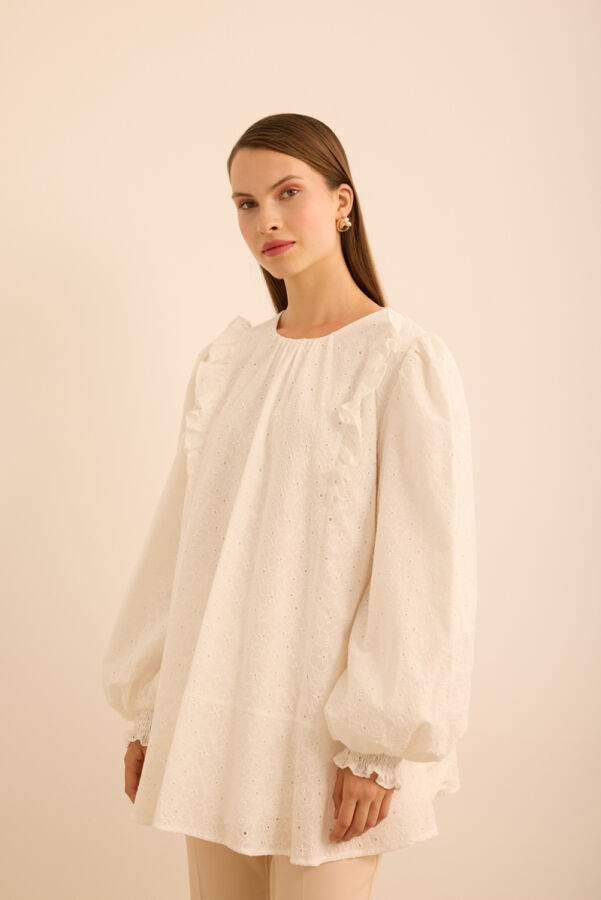 Ekru Fırfır ve Volan Detaylı Cotton Brode Tunik - 3