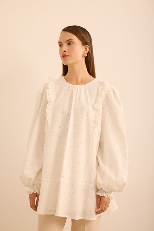 Ekru Fırfır ve Volan Detaylı Cotton Brode Tunik - 4