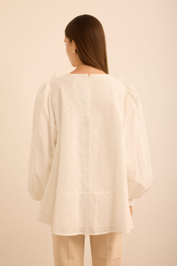 Ekru Fırfır ve Volan Detaylı Cotton Brode Tunik - 6