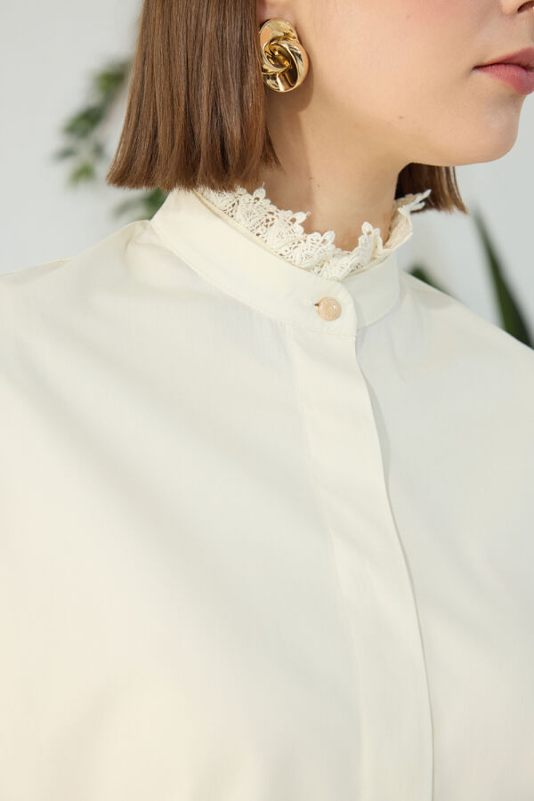 Ekru Fonksiyonel Dantel Detaylı Bluz - 6