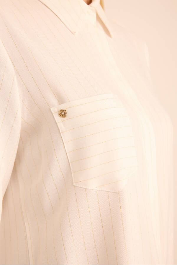 Ekru Gold Sim Çizgili Viscon Gömlek - 3