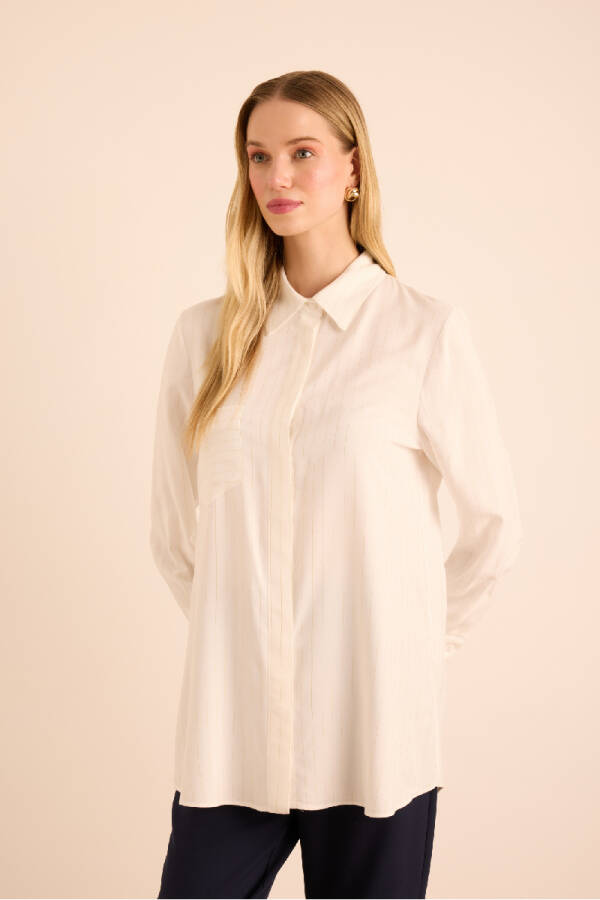 Ekru Gold Sim Çizgili Viscon Gömlek - 4