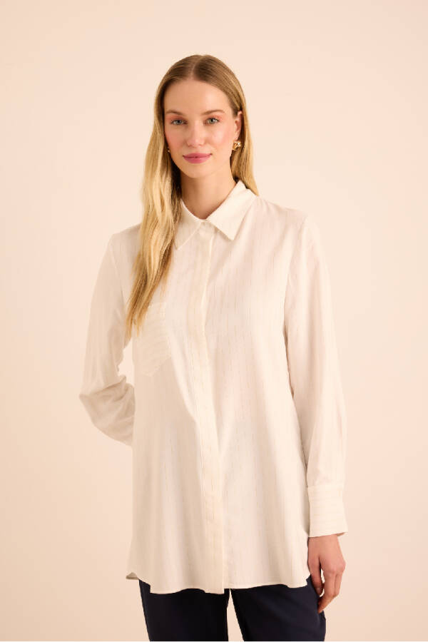 Ekru Gold Sim Çizgili Viscon Gömlek - Aker