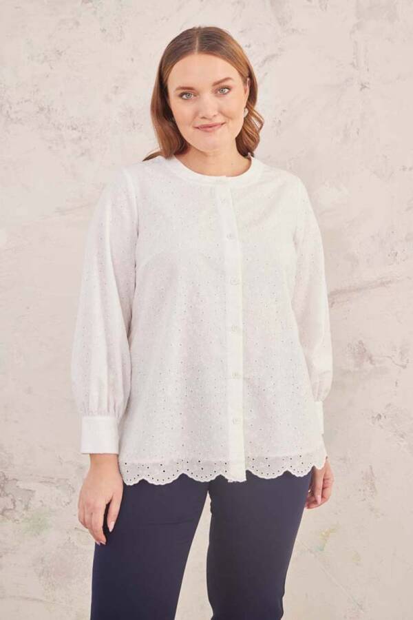 Ekru Hakim Yaka Brode Bluz - 1