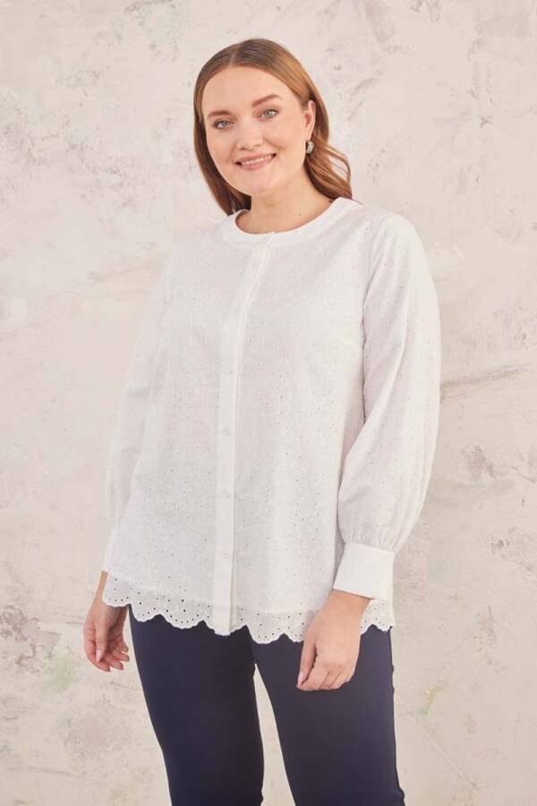 Ekru Hakim Yaka Brode Bluz - 2