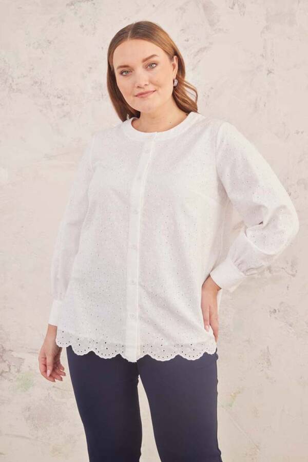 Ekru Hakim Yaka Brode Bluz - 6
