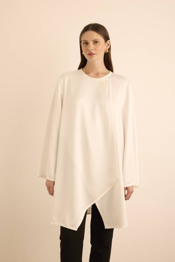 Ekru İnci İşlemeli Tunik - 1