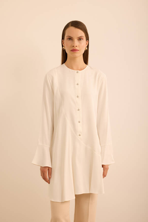 Ekru Kol Ucu Volan Detaylı Rayon Viscon Tunik - Aker