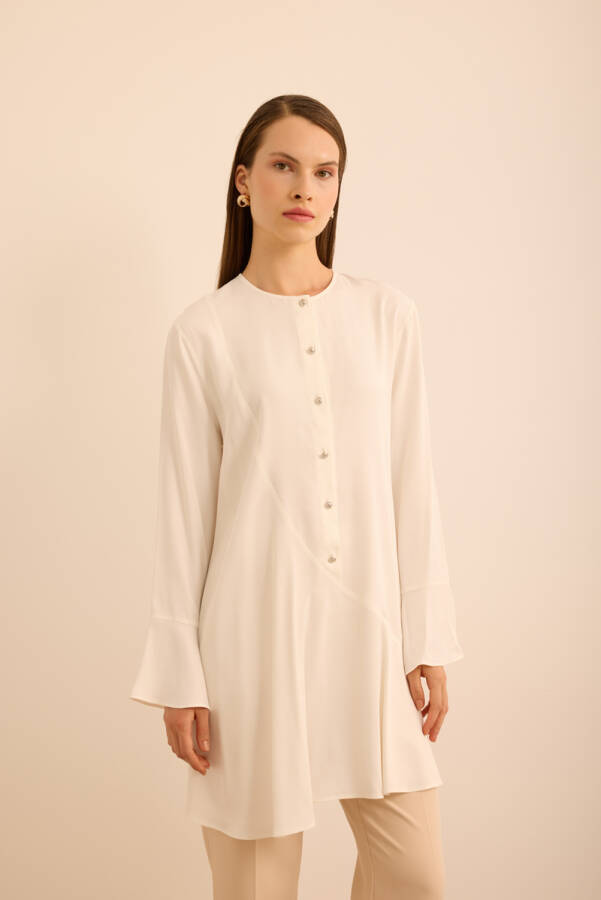 Ekru Kol Ucu Volan Detaylı Rayon Viscon Tunik - 2