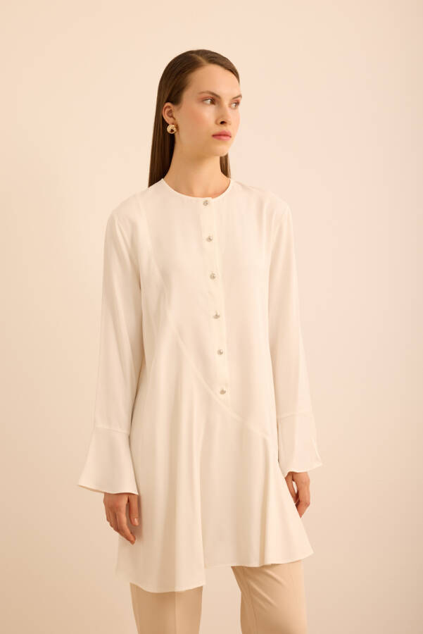 Ekru Kol Ucu Volan Detaylı Rayon Viscon Tunik - 4