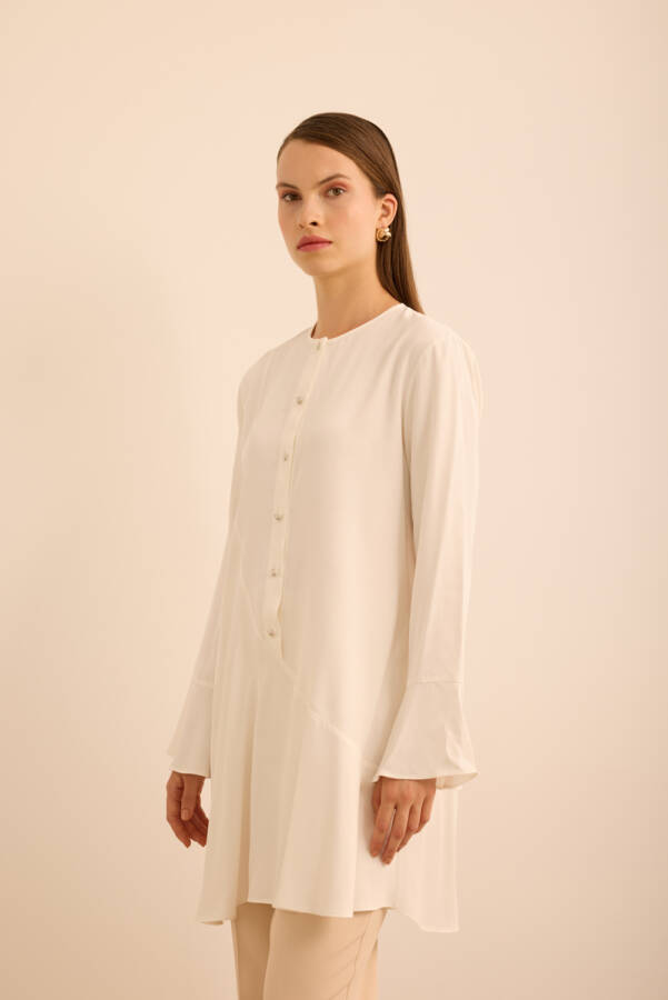 Ekru Kol Ucu Volan Detaylı Rayon Viscon Tunik - 5