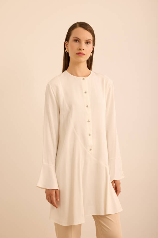 Ekru Kol Ucu Volan Detaylı Rayon Viscon Tunik - 3