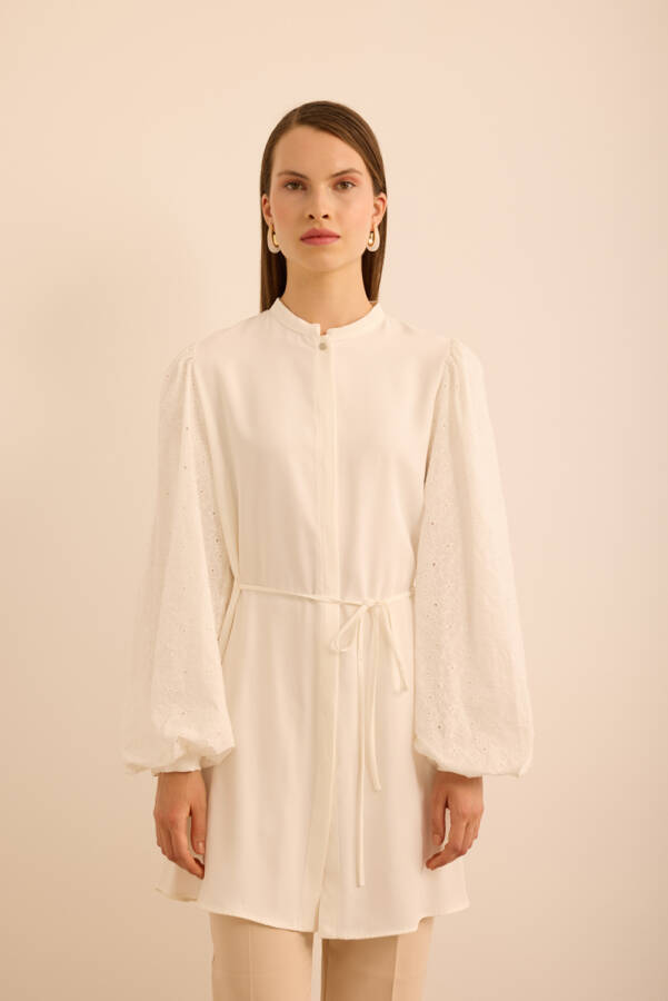 Ekru Kolları Brode Rayon Viscon Tunik - Aker