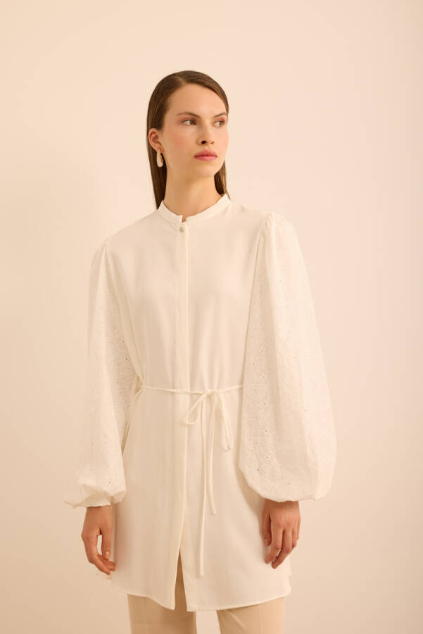 Ekru Kolları Brode Rayon Viscon Tunik - 3