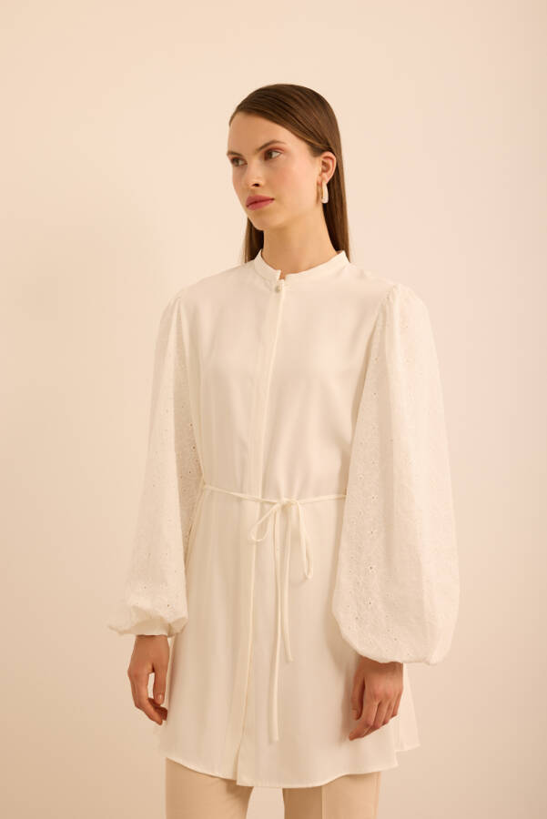 Ekru Kolları Brode Rayon Viscon Tunik - 4