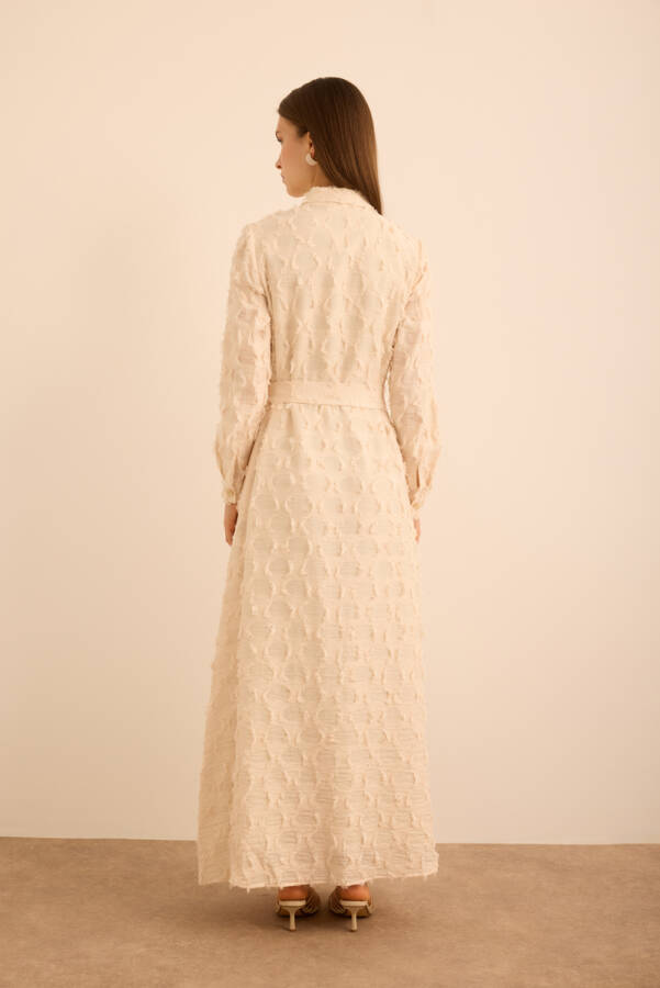 Ekru Kumaşı Püskül Yüzeyli Cotton Gömlek Elbise - 7