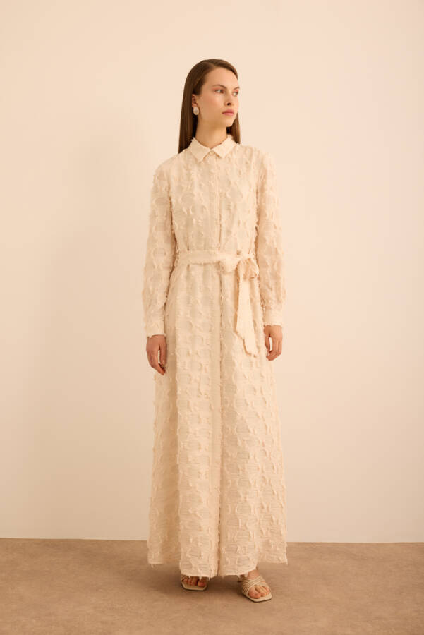 Ekru Kumaşı Püskül Yüzeyli Cotton Gömlek Elbise - Aker (1)