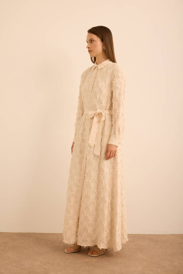 Ekru Kumaşı Püskül Yüzeyli Cotton Gömlek Elbise - 4