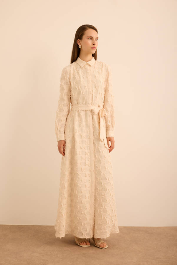 Ekru Kumaşı Püskül Yüzeyli Cotton Gömlek Elbise - 5