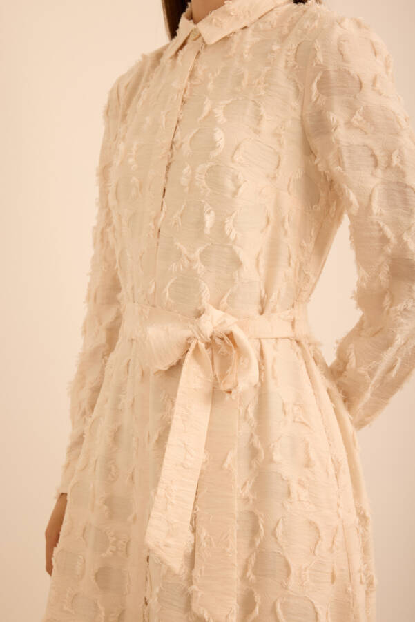 Ekru Kumaşı Püskül Yüzeyli Cotton Gömlek Elbise - 6