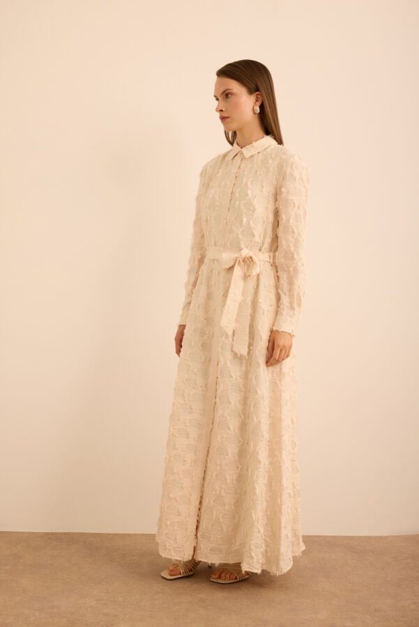 Ekru Kumaşı Püskül Yüzeyli Cotton Gömlek Elbise - 3