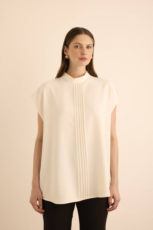 Ekru Önü Dikiş Detaylı Kolsuz Bluz - 4