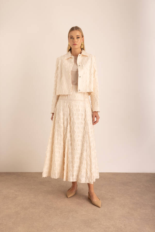 Ekru Parçalı Garnili Astarlı Etek - Aker