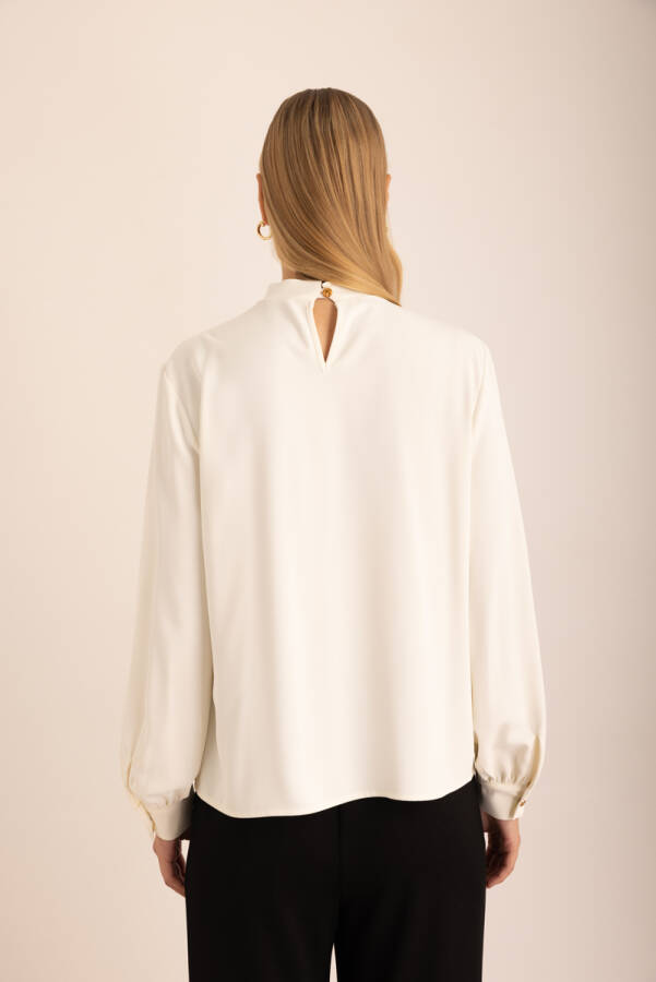 Ekru Pile Detaylı Dokuma Bluz - 6