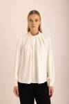 Ekru Pile Detaylı Dokuma Bluz - 5