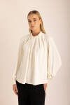 Ekru Pile Detaylı Dokuma Bluz - 1