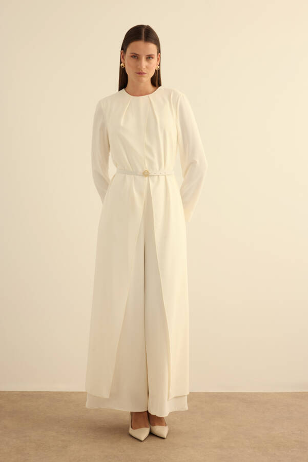 Ekru Seyyar Kemerli Detaylı Tulum - 3