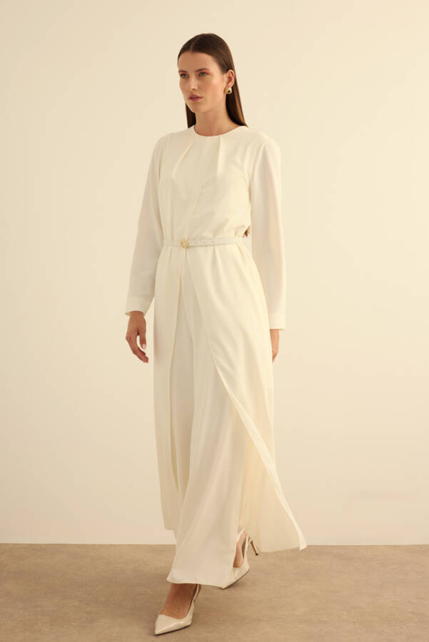 Ekru Seyyar Kemerli Detaylı Tulum - Aker