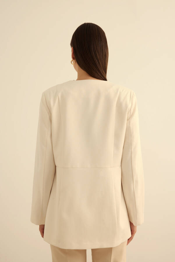 Ekru Sıfır Yaka Metal Düğmeli Şık Ceket - 7