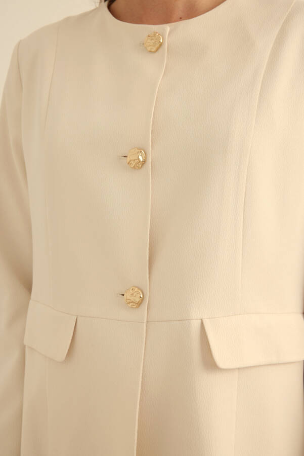 Ekru Sıfır Yaka Metal Düğmeli Şık Ceket - 6
