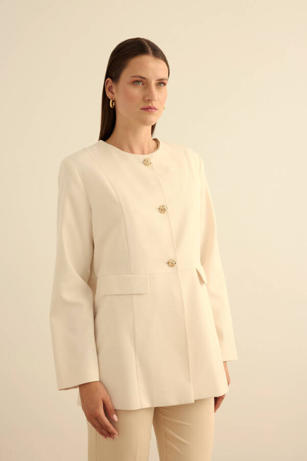 Ekru Sıfır Yaka Metal Düğmeli Şık Ceket - 3