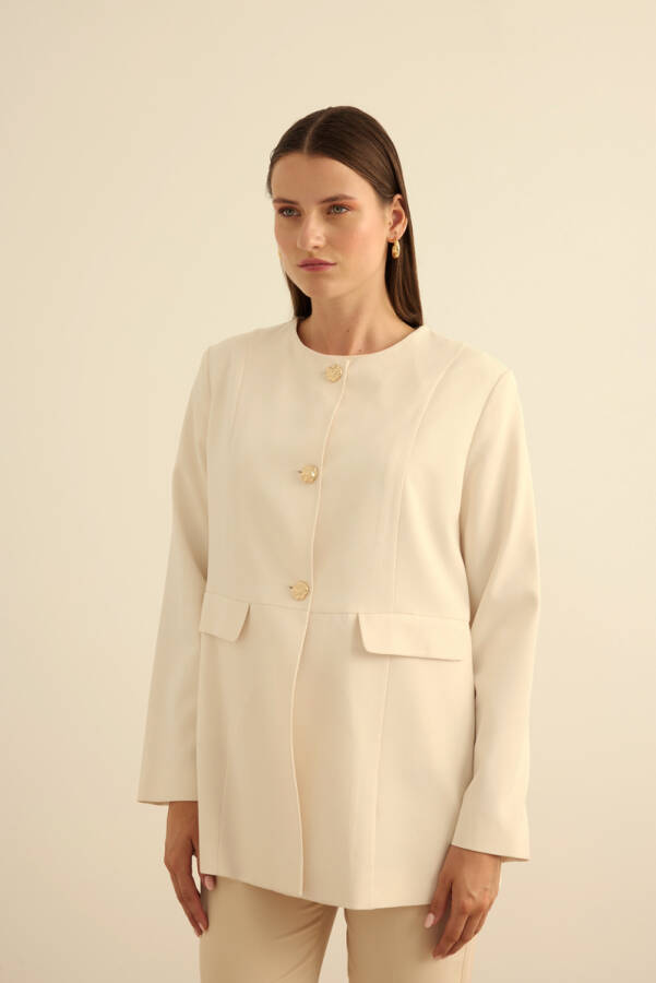 Ekru Sıfır Yaka Metal Düğmeli Şık Ceket - 4