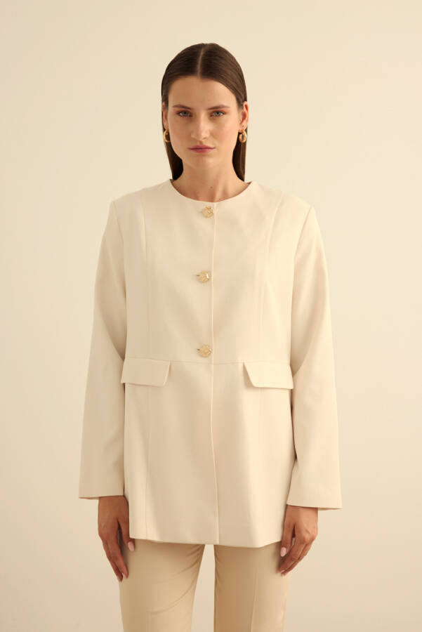 Ekru Sıfır Yaka Metal Düğmeli Şık Ceket - Aker