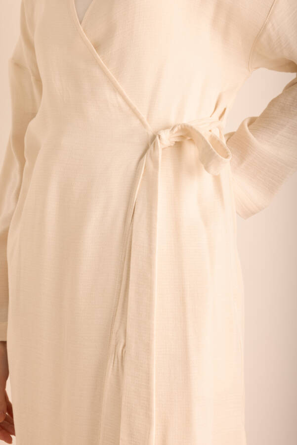 Ekru Viscon Cotton Yandan Bağlamalı Sabahlık - 3