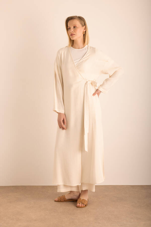 Ekru Viscon Cotton Yandan Bağlamalı Sabahlık - 5