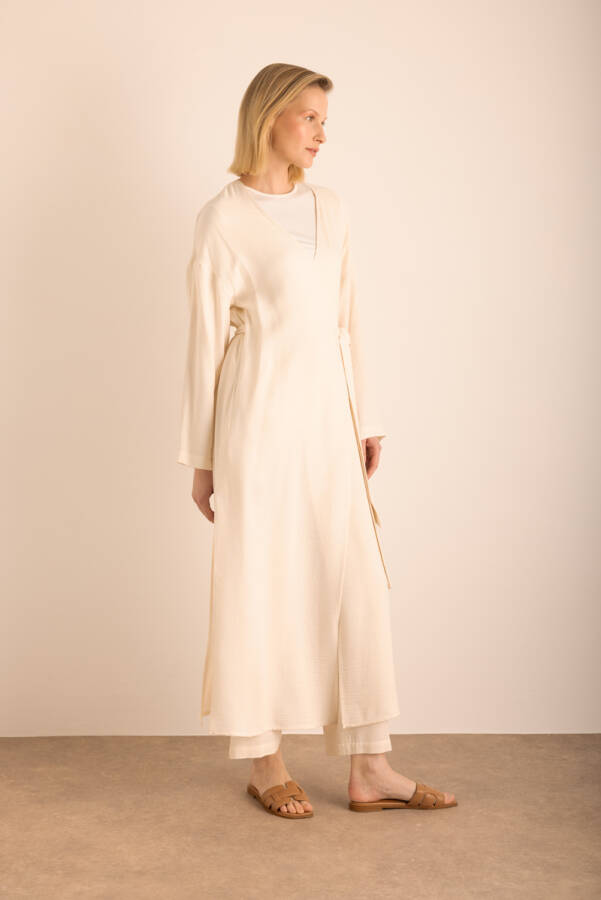 Ekru Viscon Cotton Yandan Bağlamalı Sabahlık - 6