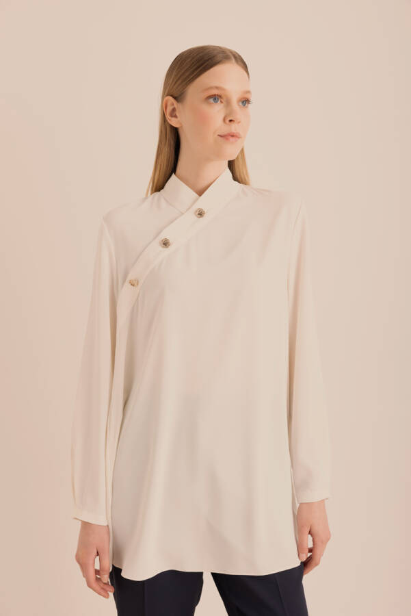 Ekru Yakası Asimetrik , Metal Düğme Detaylı Dokuma Tunik - 5