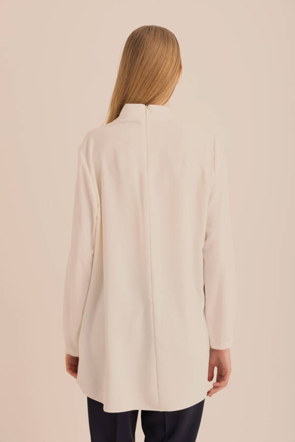 Ekru Yakası Asimetrik , Metal Düğme Detaylı Dokuma Tunik - 7