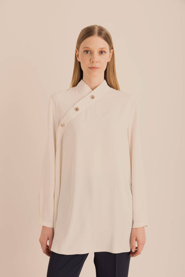 Ekru Yakası Asimetrik , Metal Düğme Detaylı Dokuma Tunik - 6