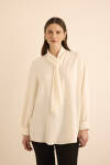 Ekru Yakası Fular Detaylı Dokuma Bluz 