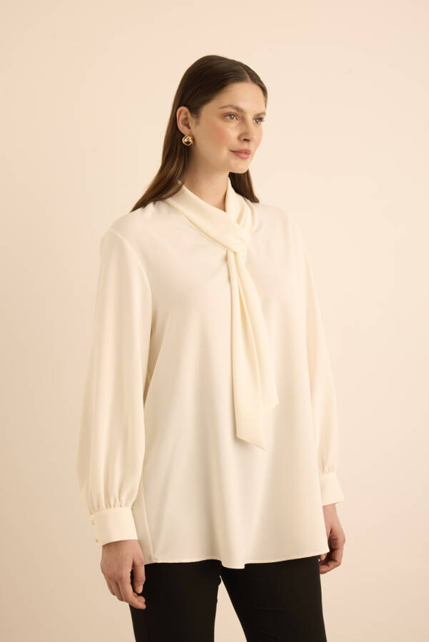 Ekru Yakası Fular Detaylı Dokuma Bluz - 2