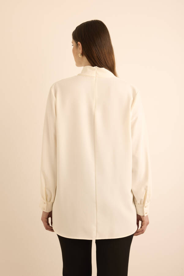 Ekru Yakası Fular Detaylı Dokuma Bluz - 6