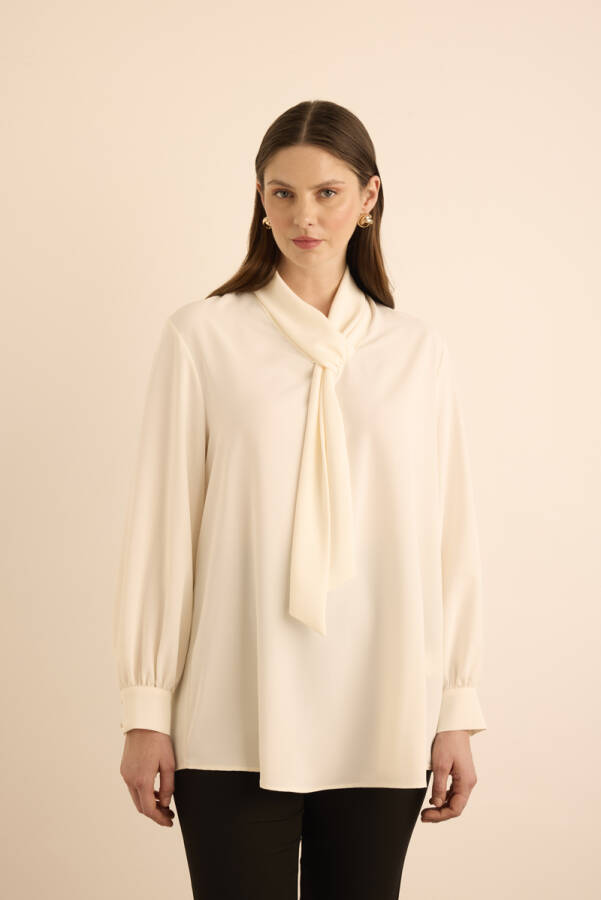 Ekru Yakası Fular Detaylı Dokuma Bluz - 3