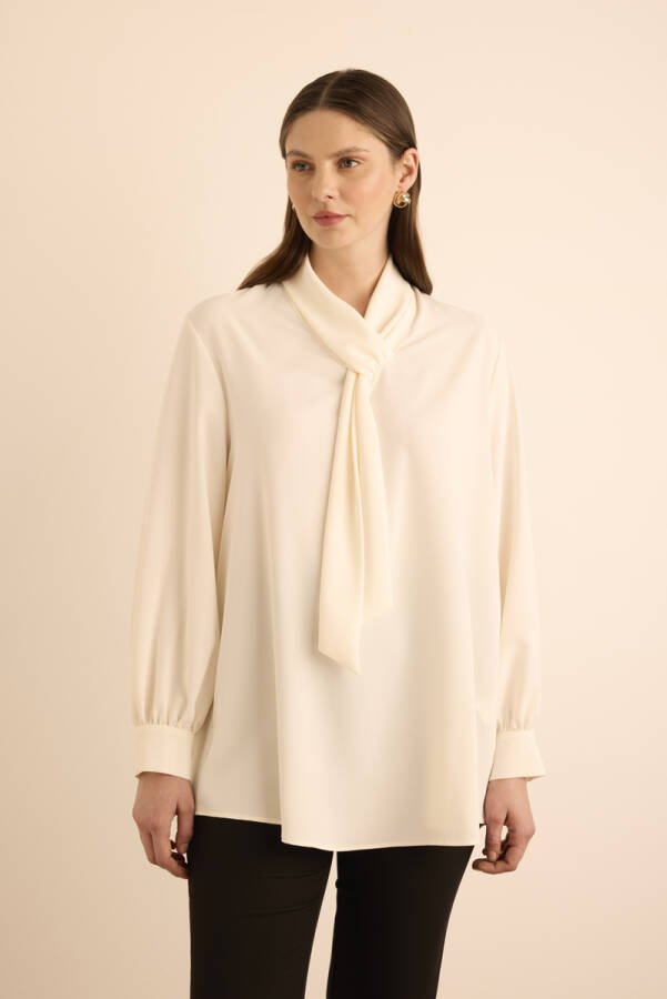 Ekru Yakası Fular Detaylı Dokuma Bluz - 5